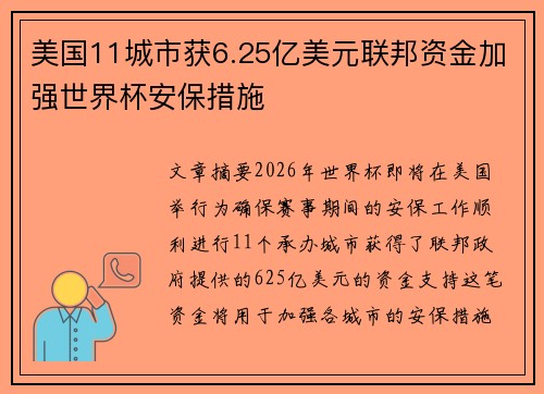 美国11城市获6.25亿美元联邦资金加强世界杯安保措施 美国11城市获6.25亿美元联邦资金加强世界杯安保措施